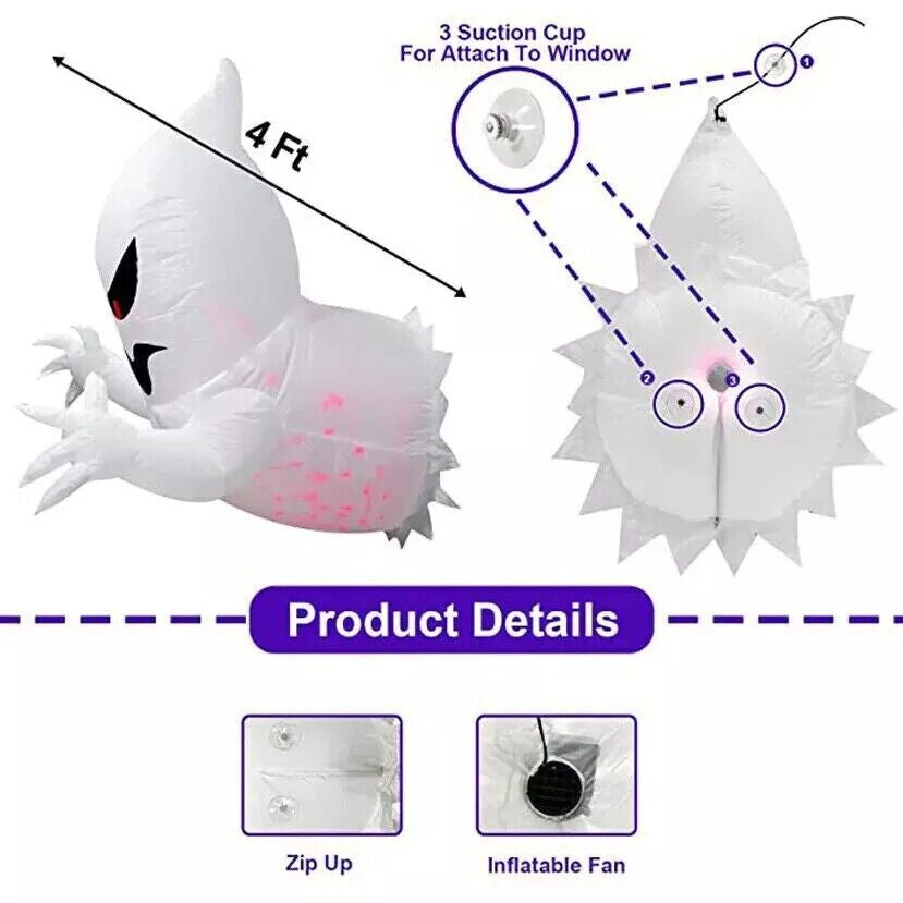 Halloween Inflatable Ghost with LED Lights – 4.5ft Window Hanging Decor | Spooky Blow-Up Outdoor Decoration for Halloween Parties