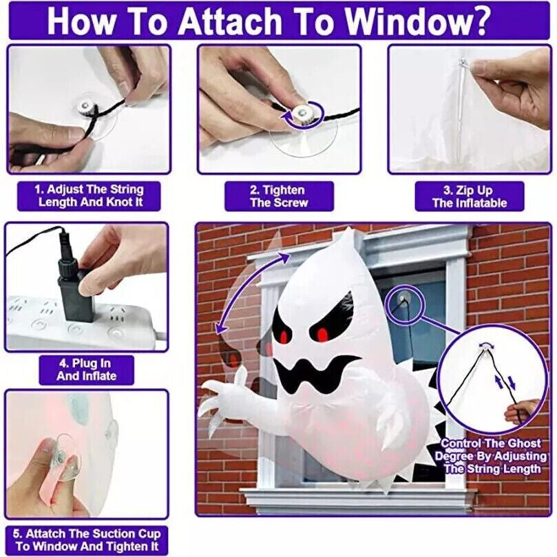 Halloween Inflatable Ghost with LED Lights – 4.5ft Window Hanging Decor | Spooky Blow-Up Outdoor Decoration for Halloween Parties