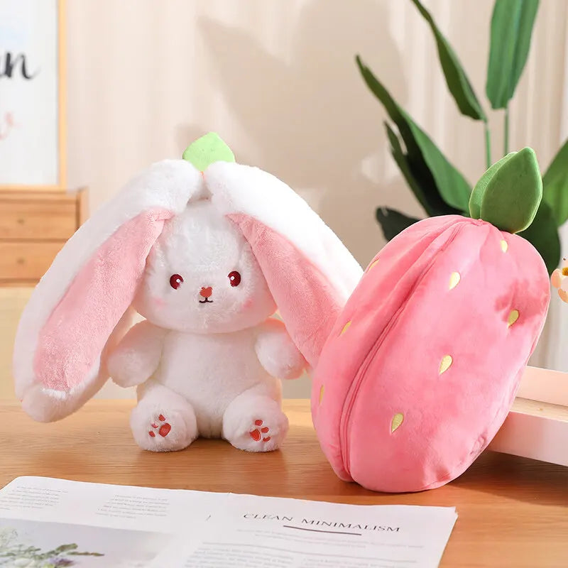Transforming Kawaii Fruit Bunny Plush Toy – Adorable Carrot and Strawberry Become Rabbit – Perfect Kids Birthday and Christmas Gift