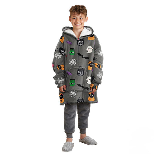 Kids Oversized Halloween Hoodie Blanket – Soft Fleece Wearable Sweatshirt with Fun Halloween Print | Cozy Sherpa Lined Throw