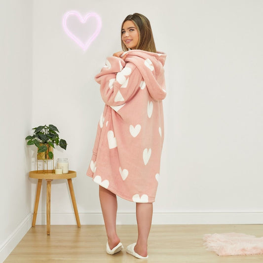 Cozy Heart Print Hoodie Blanket - Charcoal & Blush