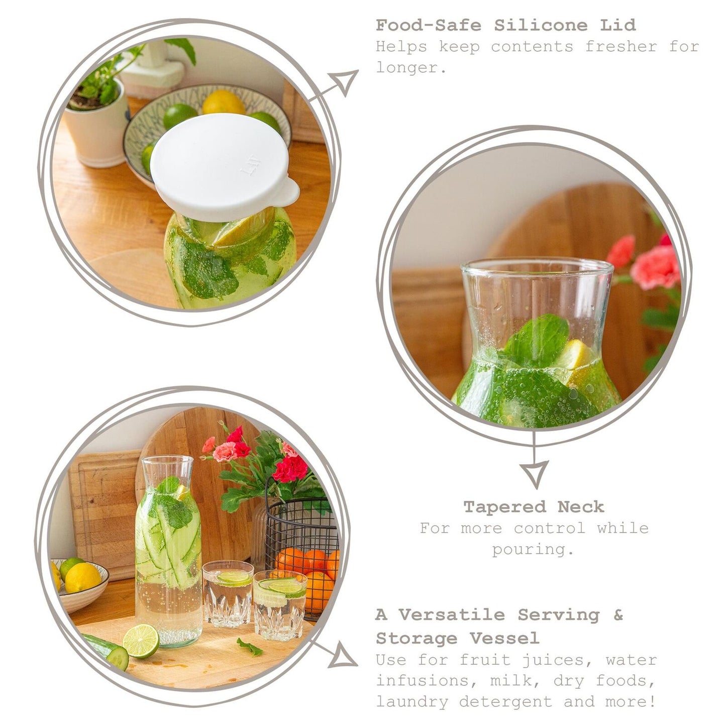 1.2L Glass Carafe with Food-Safe Silicone Lid – Perfect for Juices, Water Infusions, Milk & Dry Foods | Airtight Storage & Pouring Bottle