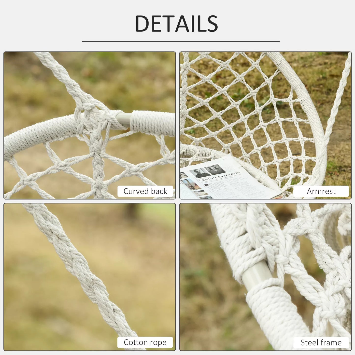 Double-Seat Hanging Garden Hammock Chair with Macrame Tassels & Padded Cushion, Cream White