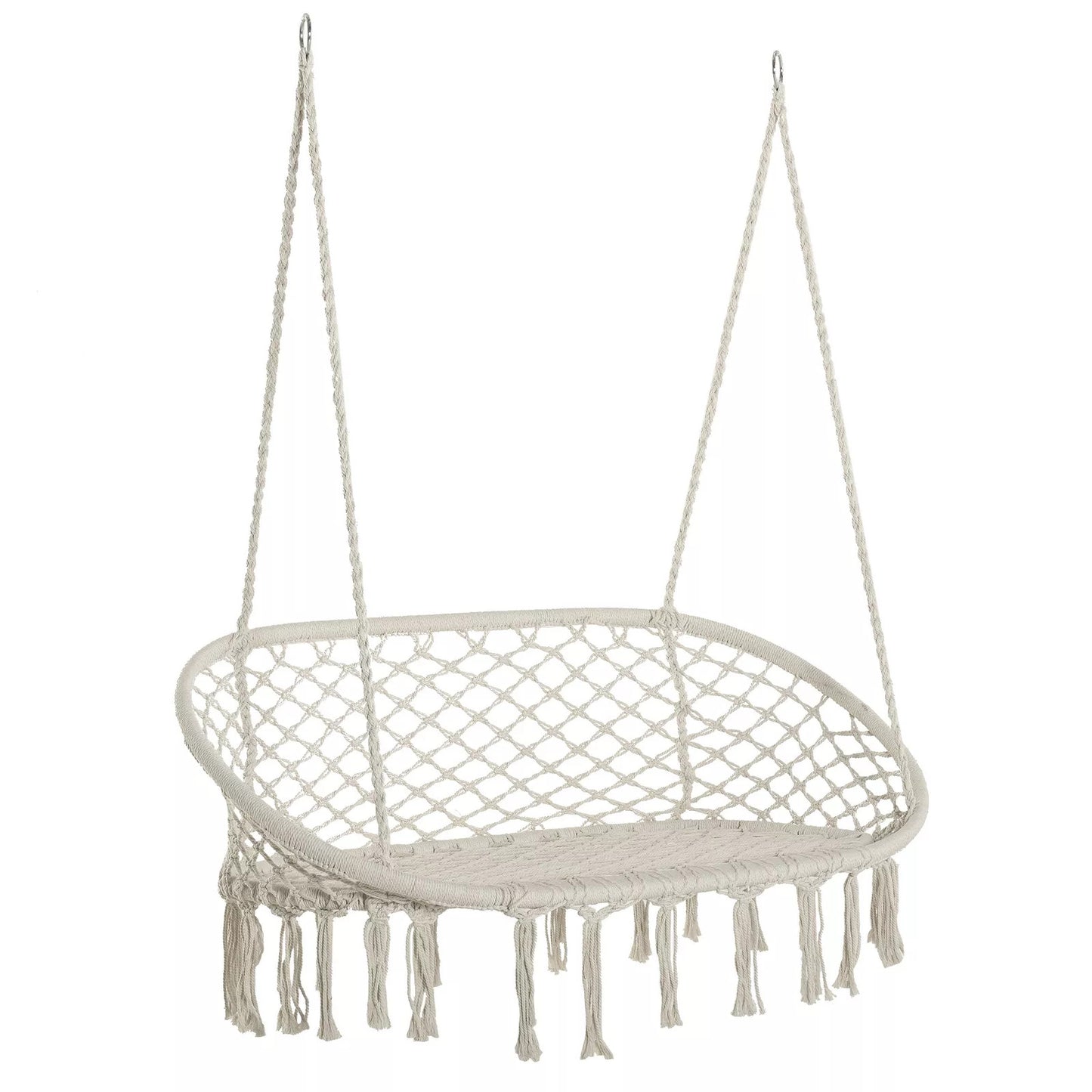 Double-Seat Hanging Garden Hammock Chair with Macrame Tassels & Padded Cushion, Cream White
