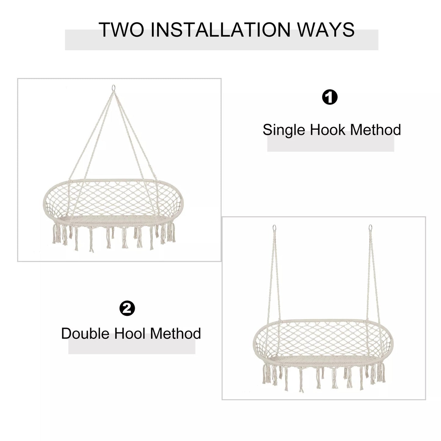 Double-Seat Hanging Garden Hammock Chair with Macrame Tassels & Padded Cushion, Cream White