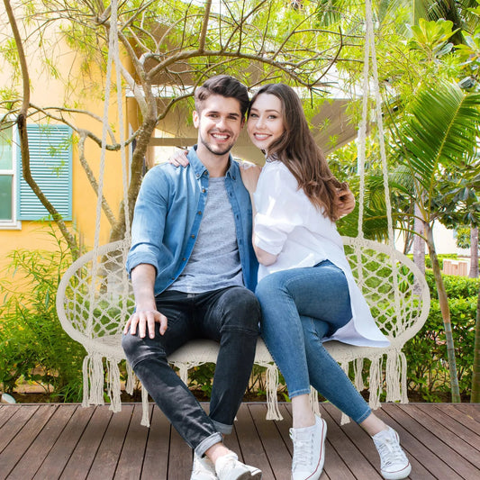 Double-Seat Hanging Garden Hammock Chair with Macrame Tassels & Padded Cushion, Cream White