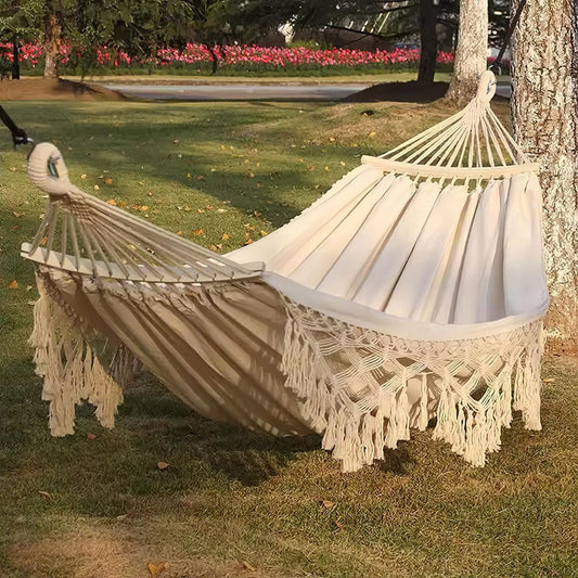 Boho Tassel Hammock – Handmade Woven Canvas Swing | Portable Folding Hammock for Outdoor & Indoor Relaxation
