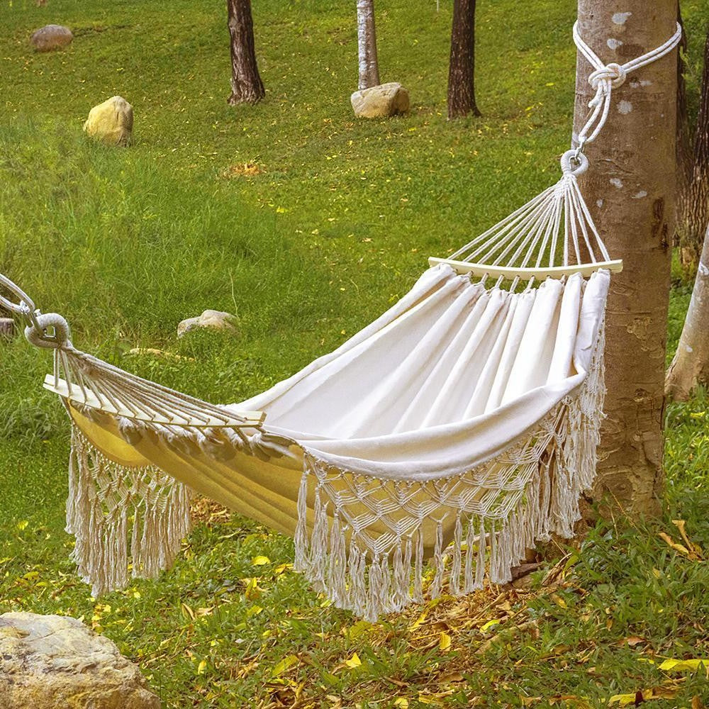 Boho Tassel Hammock – Handmade Woven Canvas Swing | Portable Folding Hammock for Outdoor & Indoor Relaxation