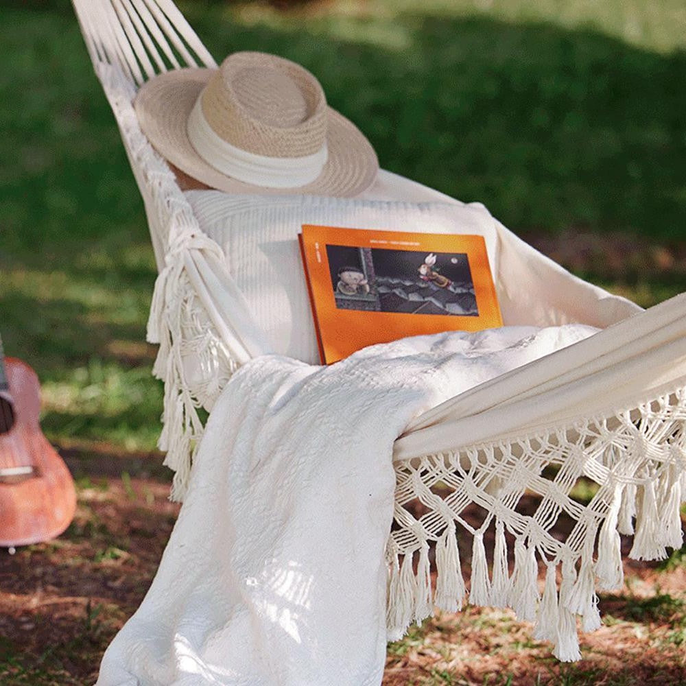 Boho Tassel Hammock – Handmade Woven Canvas Swing | Portable Folding Hammock for Outdoor & Indoor Relaxation