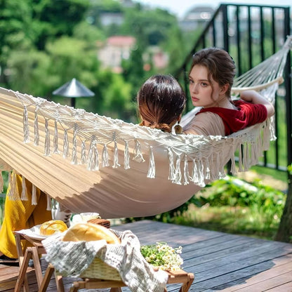 Boho Tassel Hammock – Handmade Woven Canvas Swing | Portable Folding Hammock for Outdoor & Indoor Relaxation