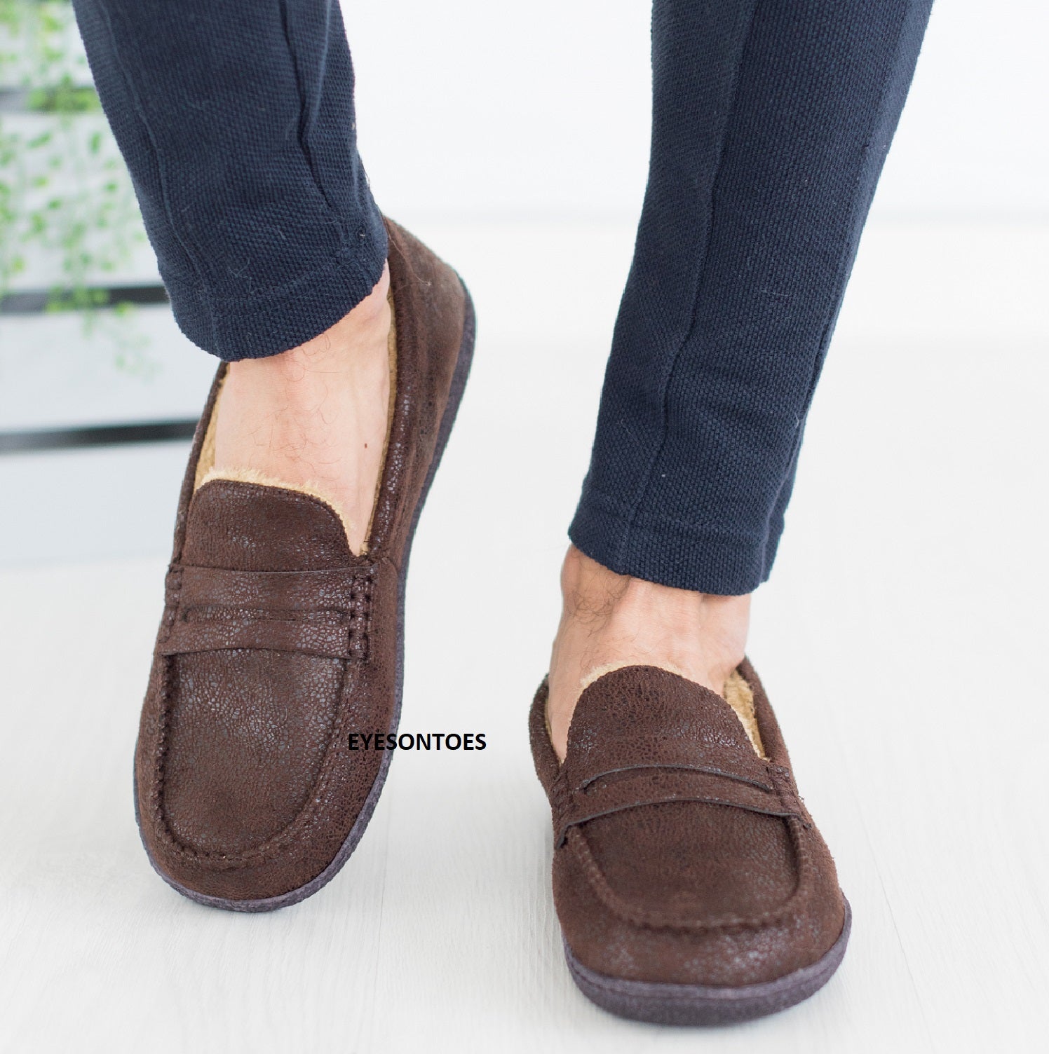 MENS MOCCASINS WARM FAUX SUEDE SHEEPSKIN FUR LINED WINTER LOAFERS SLIPPERS SIZE